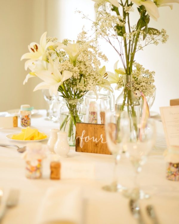 wedding table with white accessories